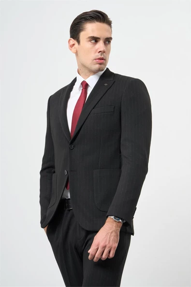 Siyah Desen Örme Kılıç Yaka Beli Lastikli 6 Drop Slim Fit Classic Takım Elbise 1001245170 - 2