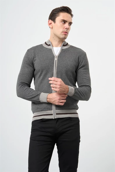 Gri Uzun Kol Düz Örme Dik Yaka Classic Slim Fit Triko 1012245203 - 7