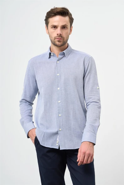 Mavi Kısalabilir Kollu Armürlü Biritli Yaka Pamuklu Casual Slim Fit Dar Kesim Gömlek 1004240202