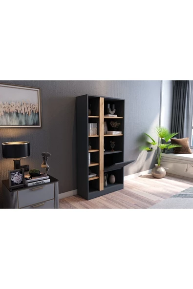 Lotus Kitaplık Kapaklı 160 Cm Atlantik Çam - Antrasit - 3