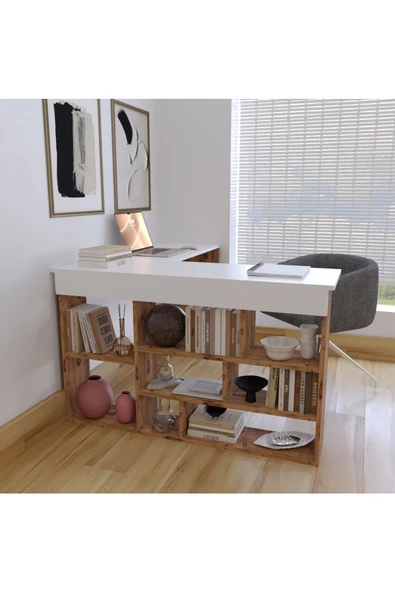 AYMOBSAN PERA RAFLI ÇALIŞMA MASASI ATLANTİK ÇAM-BEYAZ - 2