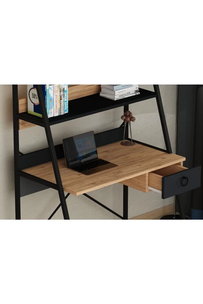AYMOBSAN Flora Çalışma Masası , Metal Ayaklı Çalışma Masası, Raflı Çalışma Masası, Atlantik Çam-siyah - 2