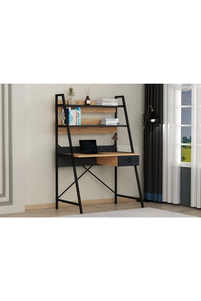 AYMOBSAN Flora Çalışma Masası , Metal Ayaklı Çalışma Masası, Raflı Çalışma Masası, Atlantik Çam-siyah