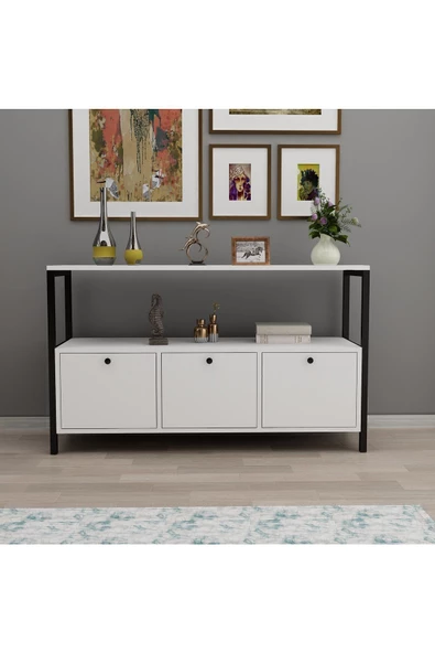 AYMOBSAN Pole 3 Kapaklı Konsol, Metal Ayaklı Konsol Beyaz