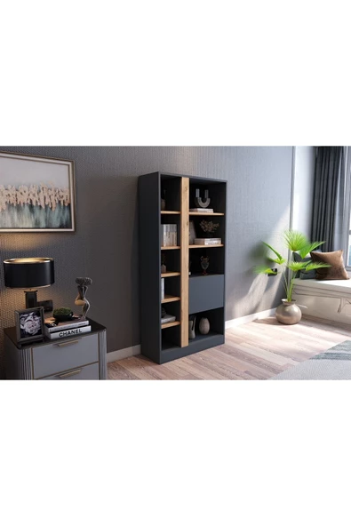 Lotus Kitaplık Kapaklı 160 Cm Atlantik Çam - Antrasit - 2