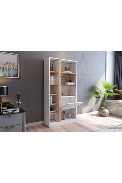 Lotus Kitaplık Kapaklı 160 cm Atlantik Çam - Beyaz - 3