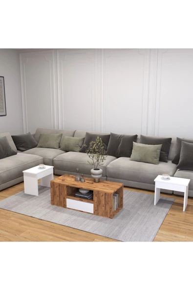 AYMOBSAN Lila Orta Sehpa 3'lü Takım Zigonlu Modern, 100 cm, Atlantik Çam - Beyaz - 2