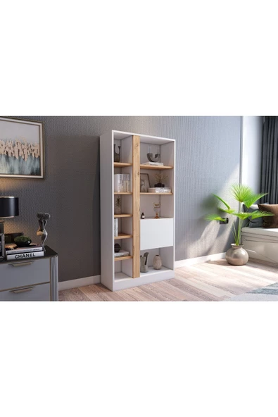 Lotus Kitaplık Kapaklı 160 cm Atlantik Çam - Beyaz - 2