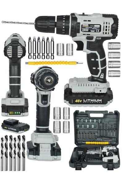Mager Alman 46 V 5 Ah Darbeli Led Gösterge Metal Şanzuman Çift Akülü Şarjlı Vidalama Matkap Setli