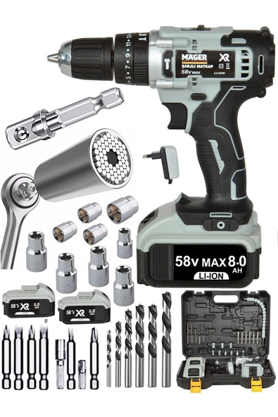 Mager Max-xr 58 V 8 Ah Şarjlı Vidalama Akülü Matkap Gator Grip 3 Lü Soket