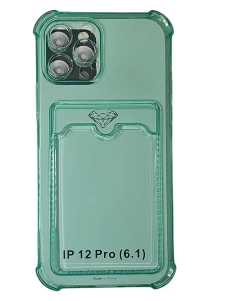 İphone 12 Pro Kılıf Kart Bölmeli Şeffaf Yeşil ürün görseli