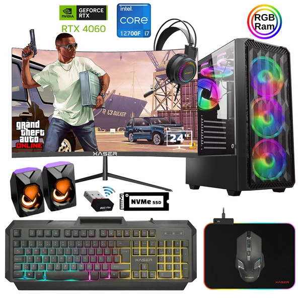 Xaser Xsr886 i7 12700F 16GB Ram 512GB M.2 NVMe SSD 8GB RTX4060 23.8" 180Hz Curved Oyuncu Bilgisayarı