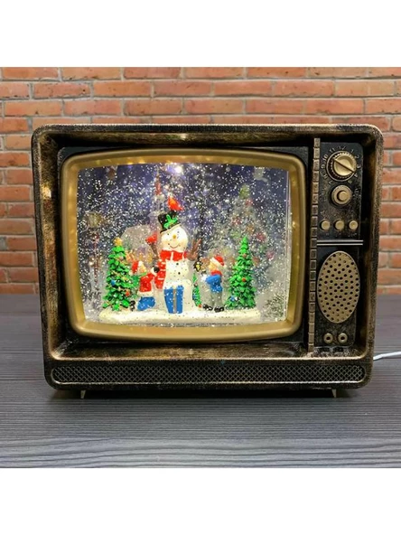 Kardan Adam Sahneli Noel Gecesi Retro Tv Işıklı Müzikli ve Kar Püskürtmeli Tv