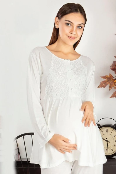 Saray Incisi Göğüs Dantel Detaylı Kadın Hamile Pijama Takımı 1032 - 10