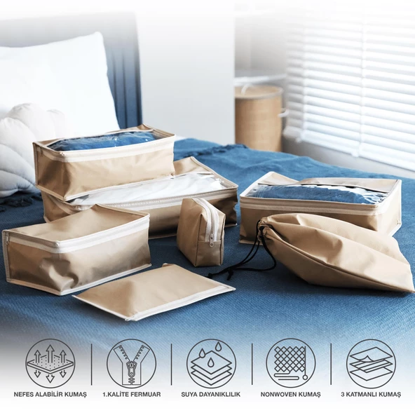 Premium 7'li Karamel Valiz Düzenleyici Bavul içi Organizer Set Seyahat Hurcu - Resim 6