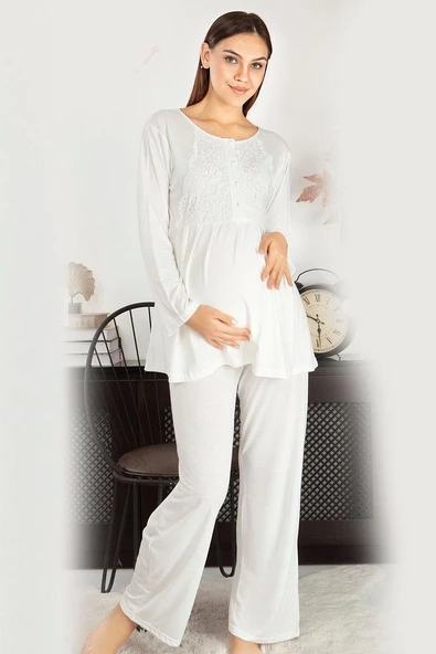 Saray Incisi Göğüs Dantel Detaylı Kadın Hamile Pijama Takımı 1032 - 11
