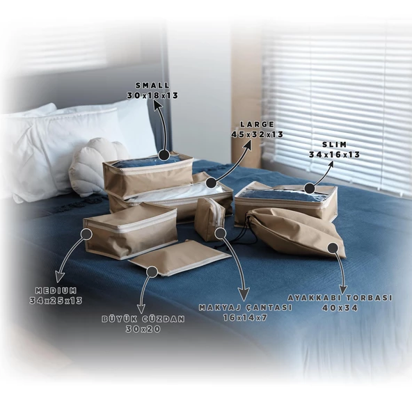 Premium 7'li Karamel Valiz Düzenleyici Bavul içi Organizer Set Seyahat Hurcu - Resim 4