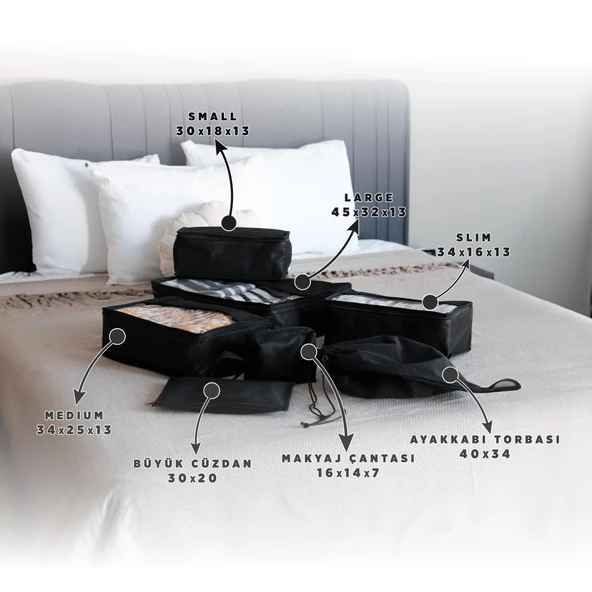 Premium 7'li Siyah Lamineli Su Geçirmez Valiz Düzenleyici Bavul içi Organizer Set Seyahat Hurcu - Resim 4