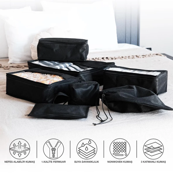 Premium 7'li Siyah Lamineli Su Geçirmez Valiz Düzenleyici Bavul içi Organizer Set Seyahat Hurcu - Resim 5