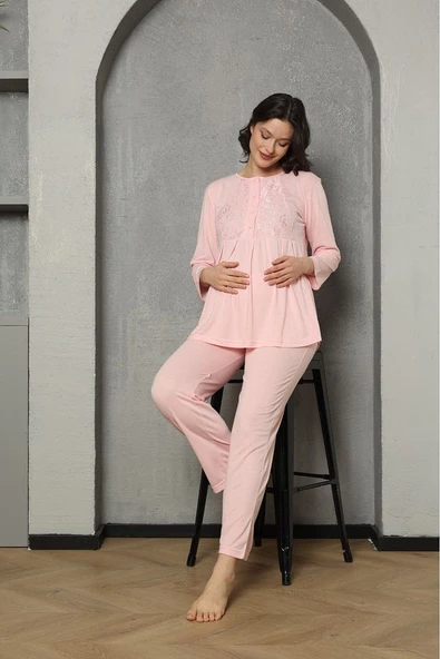 Saray Incisi Göğüs Dantel Detaylı Kadın Hamile Pijama Takımı 1032 - 8