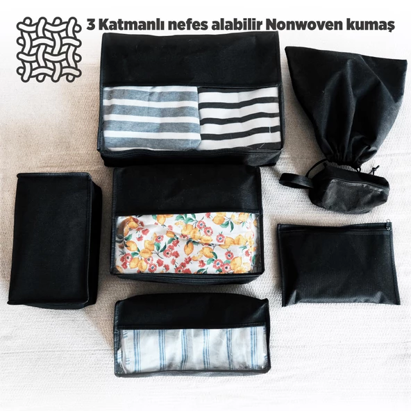 Premium 7'li Siyah Lamineli Su Geçirmez Valiz Düzenleyici Bavul içi Organizer Set Seyahat Hurcu - Resim 6