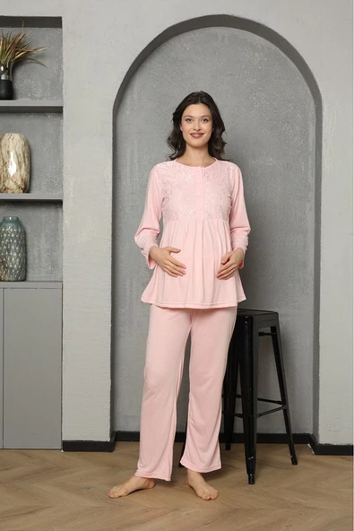 Göğüs Ve Omuz Dantel Detaylı Kadın Hamile Pijama Takımı 1030 - 7