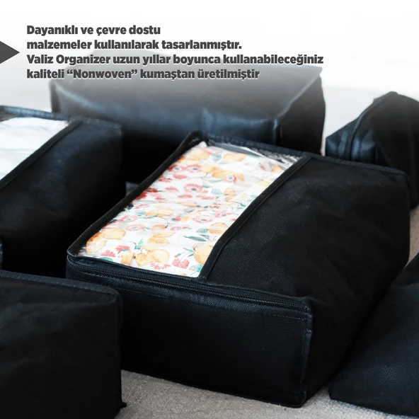 Premium 7'li Siyah Lamineli Su Geçirmez Valiz Düzenleyici Bavul içi Organizer Set Seyahat Hurcu - Resim 2