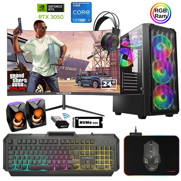 Xaser Xsr884 i7 12700F 16GB Ram 512GB M.2 NVMe SSD 6GB RTX3050 23.8" 180Hz Curved Oyuncu Bilgisayarı ürün görseli