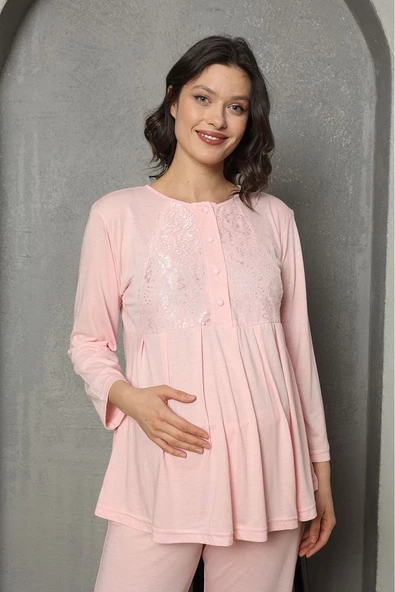Saray Incisi Göğüs Dantel Detaylı Kadın Hamile Pijama Takımı 1032 - 7