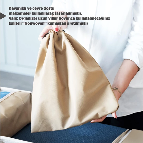 Premium 7'li Karamel Valiz Düzenleyici Bavul içi Organizer Set Seyahat Hurcu - Resim 3