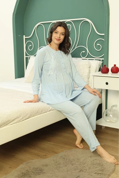 Saray Incisi Göğüs Dantel Detaylı Kadın Hamile Pijama Takımı 1032 - 3