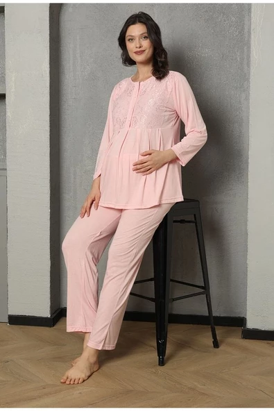 Göğüs Ve Omuz Dantel Detaylı Kadın Hamile Pijama Takımı 1030 - 5