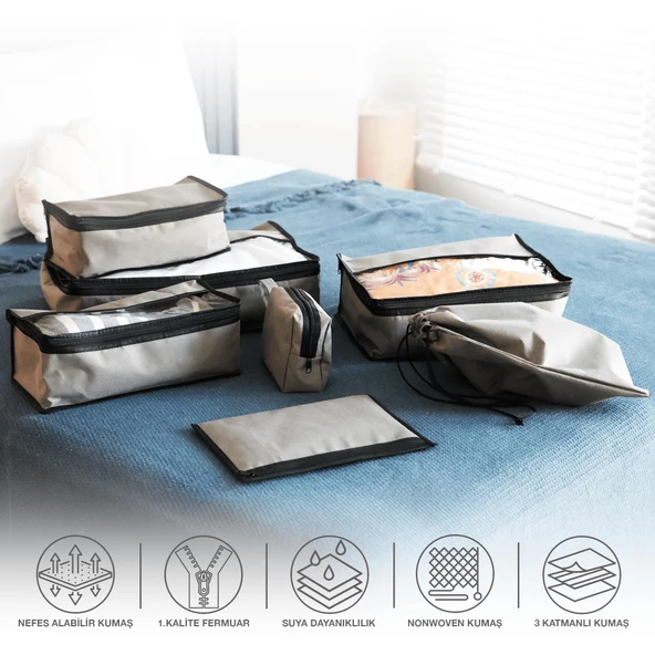 Premium 7'li Antrasit Valiz Düzenleyici Bavul içi Organizer Set Seyahat Hurcu - 6