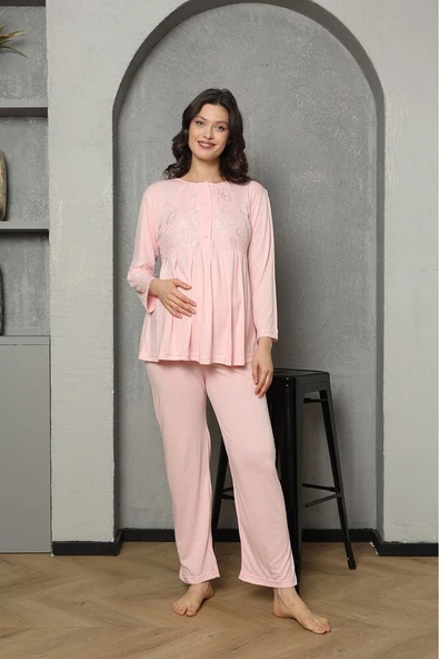 Saray Incisi Göğüs Dantel Detaylı Kadın Hamile Pijama Takımı 1032 - 9