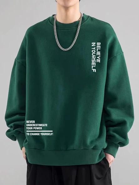 Erkek Believe Baskılı Oversize Bisiklet Yaka Sweatshirt