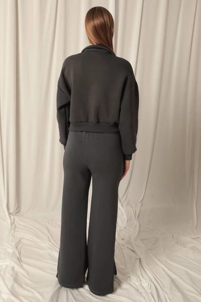 Üç İplik Yakası Patlı Crop Boy Uzun Kollu Cepsiz ve Astarsız Düz Kalıplı Kadın Sweat Antrasit - 3