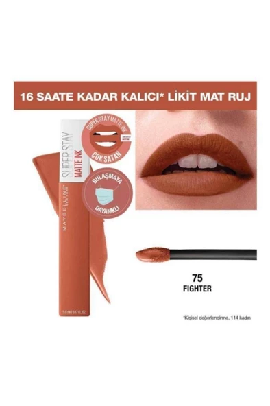 Maybelline New York 75 Super Stay Matte Ink Unnude Likit Mat Ruj - 75 Fighter - Kahverengi - 8