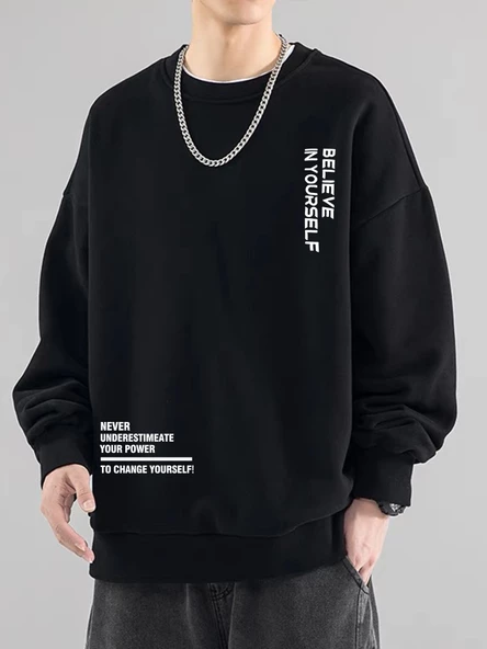 Erkek Believe Baskılı Oversize Bisiklet Yaka Sweatshirt - 5