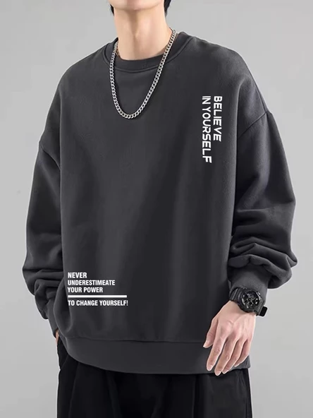 Erkek Believe Baskılı Oversize Bisiklet Yaka Sweatshirt - 12