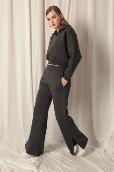 Üç İplik Yakası Patlı Crop Boy Uzun Kollu Cepsiz ve Astarsız Düz Kalıplı Kadın Sweat Antrasit - 5