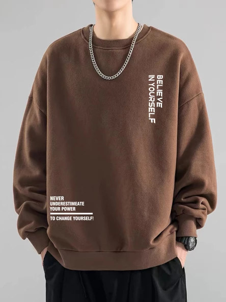 Erkek Believe Baskılı Oversize Bisiklet Yaka Sweatshirt - 9