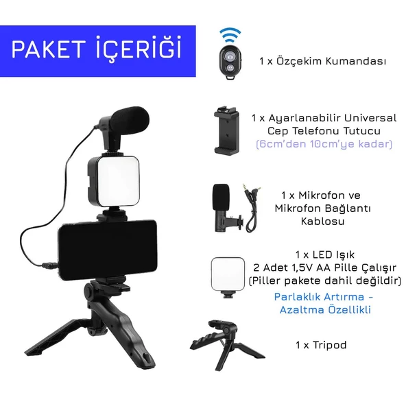 Upway LED Işıklı Mikrofonlu Tripotlu Kumandalı Video Kayıt Fotoğraf Öz Çekim Seti - 5