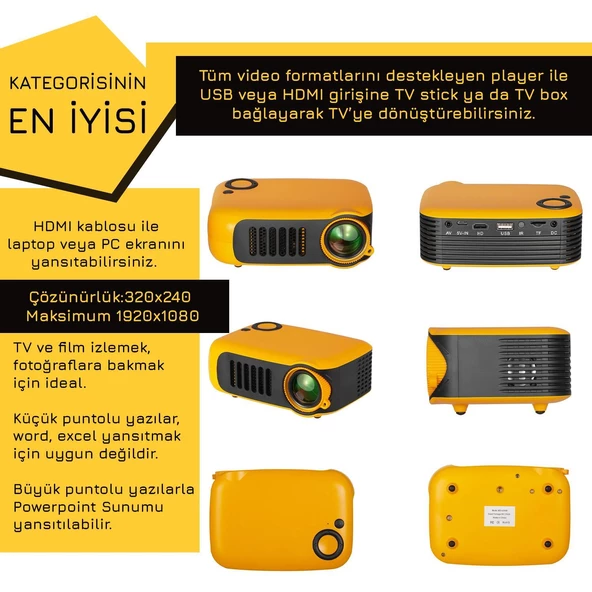 UpWay A2000 Hoparlörlü 1000 Lümen Mini Multimedya Ev Sineması 80 inç  Projeksiyon Cihazı - 5