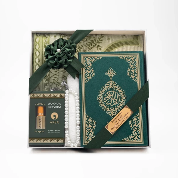 Takke + Esans + Tesbih + Seccade + Kuran Hediye Seti (Hafız Boy, Yeşil) - Resim 2