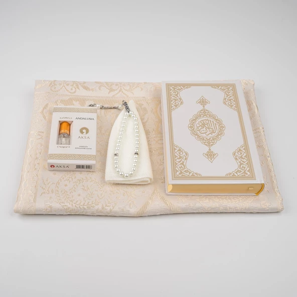 Takke + Esans + Tesbih + Seccade + Kuran Hediye Seti (Hafız Boy, Beyaz) - Resim 3
