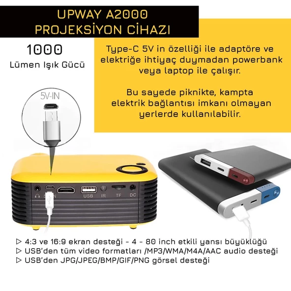UpWay A2000 Hoparlörlü 1000 Lümen Mini Multimedya Ev Sineması 80 inç  Projeksiyon Cihazı - 6