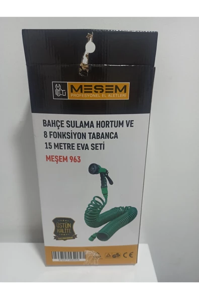 MEŞEM BAHÇE SULAMA HORTUM VE 8 FONKSİYON TABANCA EVA SETİ 15 METRE  (KOD: 963)