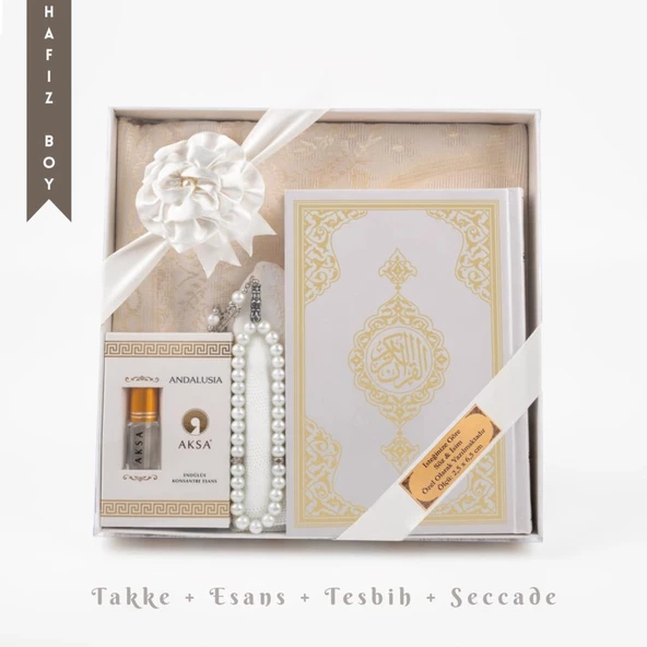 Takke + Esans + Tesbih + Seccade + Kuran Hediye Seti (Hafız Boy, Beyaz) ürün görseli 1