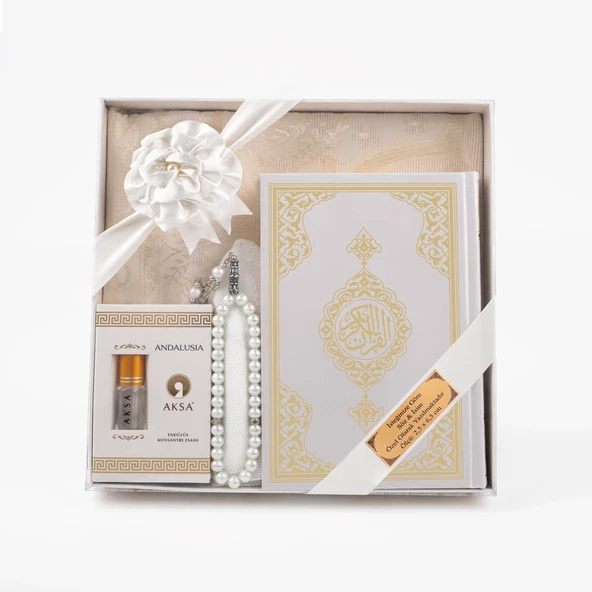 Takke + Esans + Tesbih + Seccade + Kuran Hediye Seti (Hafız Boy, Beyaz) - Resim 2