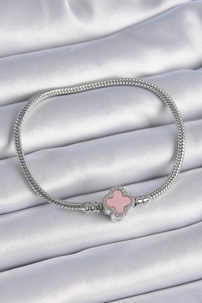 MuI MuI 316L Çelik Zincir Gümüş Renk Zirkon Taşlı Pembe Yonca Figür Charm Model Kadın Bileklik ürün görseli 1